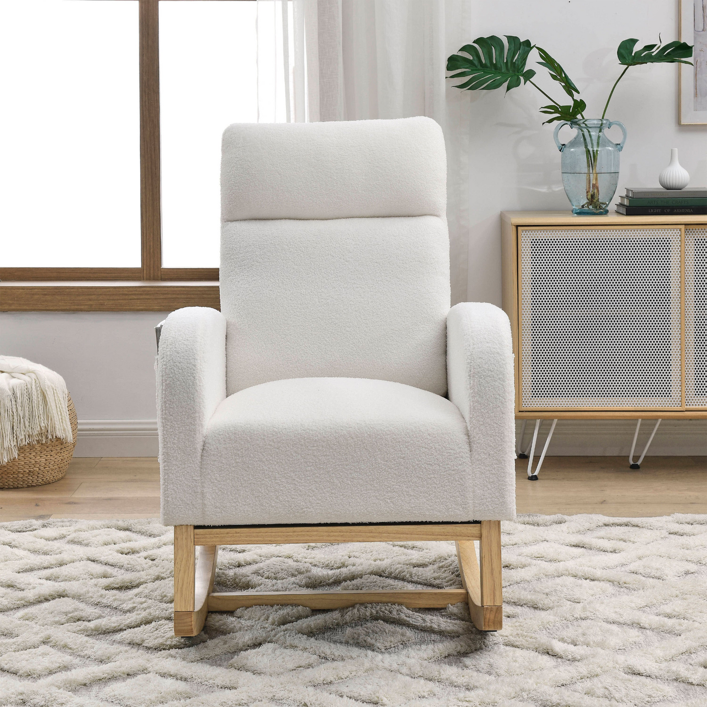 27.6"W Modern Accent High Backrest Living Room Lounge Arm Rocking Chair, Two Side Pocket ,Teddy White (Ivory)