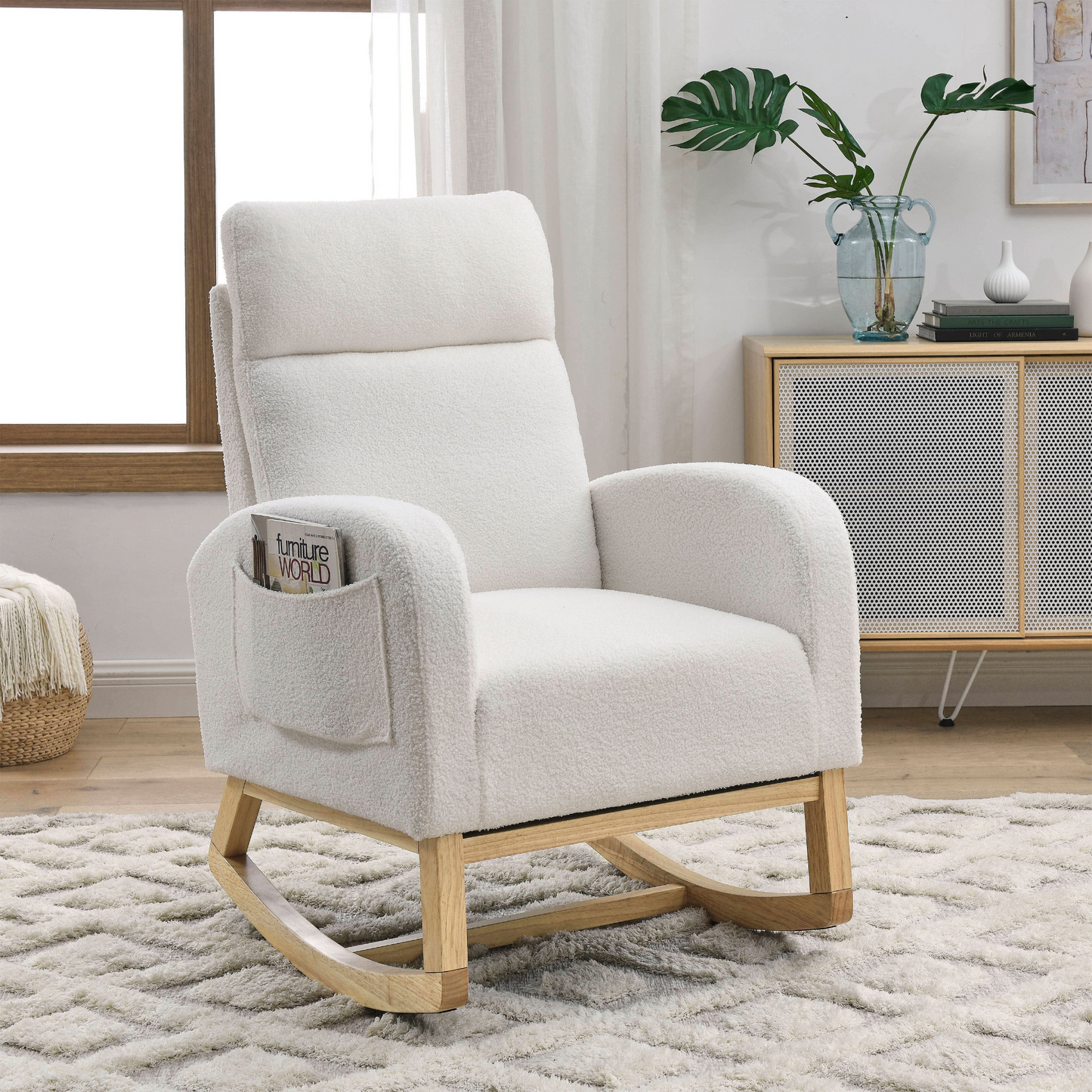 27.6"W Modern Accent High Backrest Living Room Lounge Arm Rocking Chair, Two Side Pocket ,Teddy White (Ivory)