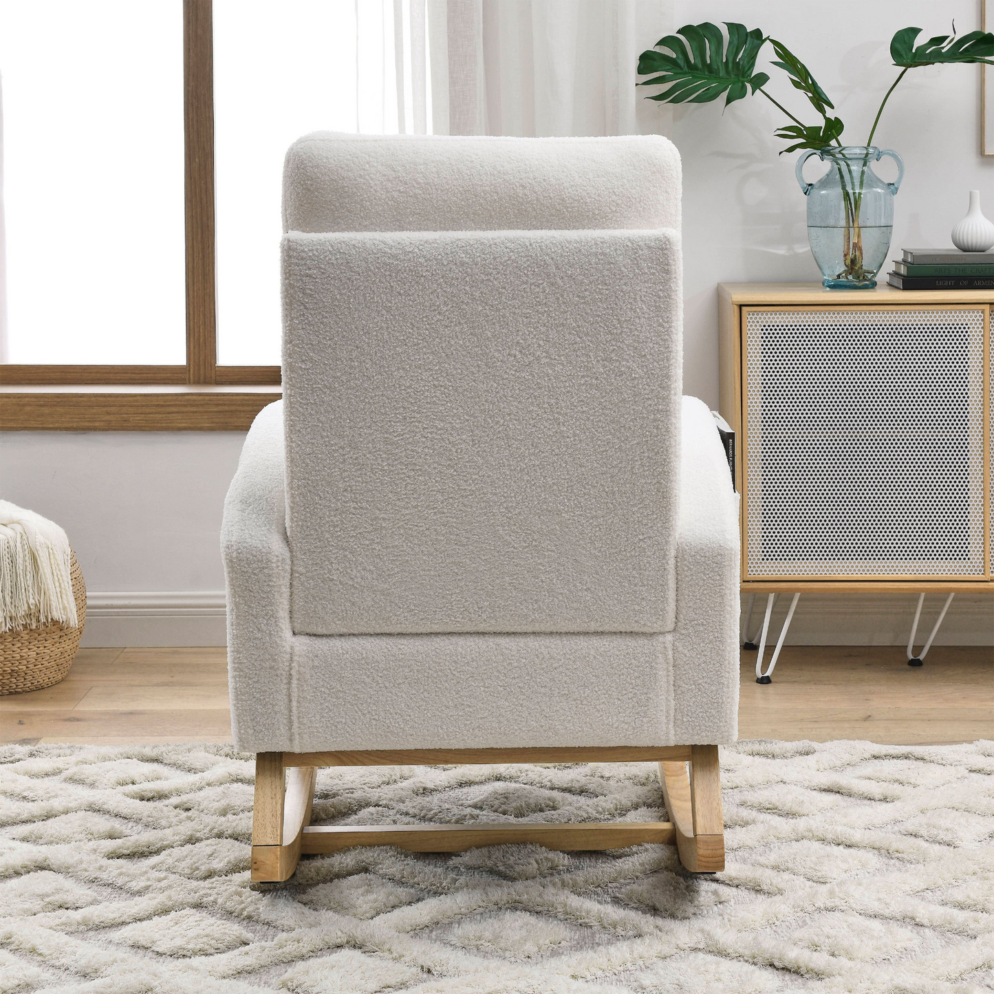 27.6"W Modern Accent High Backrest Living Room Lounge Arm Rocking Chair, Two Side Pocket ,Teddy White (Ivory)