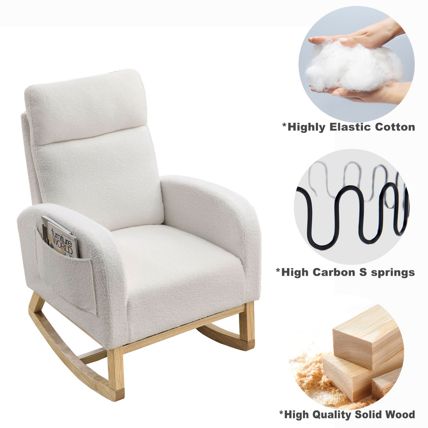 27.6"W Modern Accent High Backrest Living Room Lounge Arm Rocking Chair, Two Side Pocket ,Teddy White (Ivory)