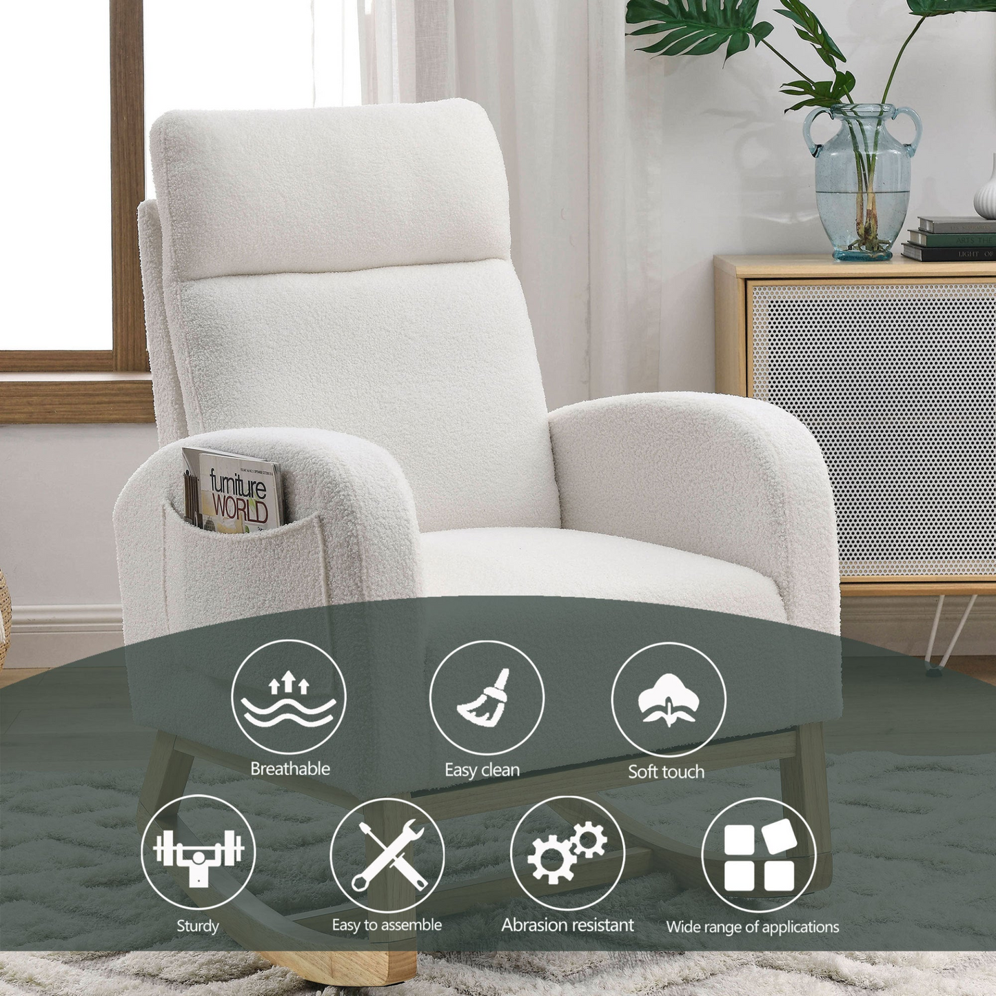 27.6"W Modern Accent High Backrest Living Room Lounge Arm Rocking Chair, Two Side Pocket ,Teddy White (Ivory)