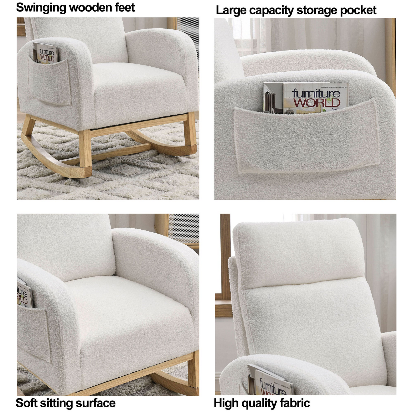 27.6"W Modern Accent High Backrest Living Room Lounge Arm Rocking Chair, Two Side Pocket ,Teddy White (Ivory)