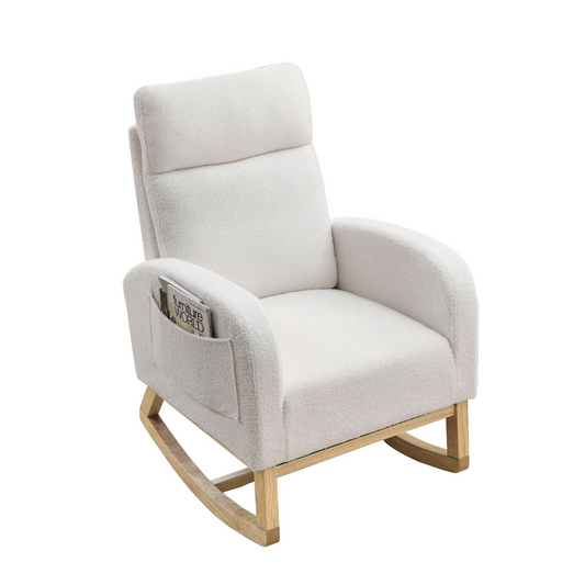 27.6"W Modern Accent High Backrest Living Room Lounge Arm Rocking Chair, Two Side Pocket ,Teddy White (Ivory)