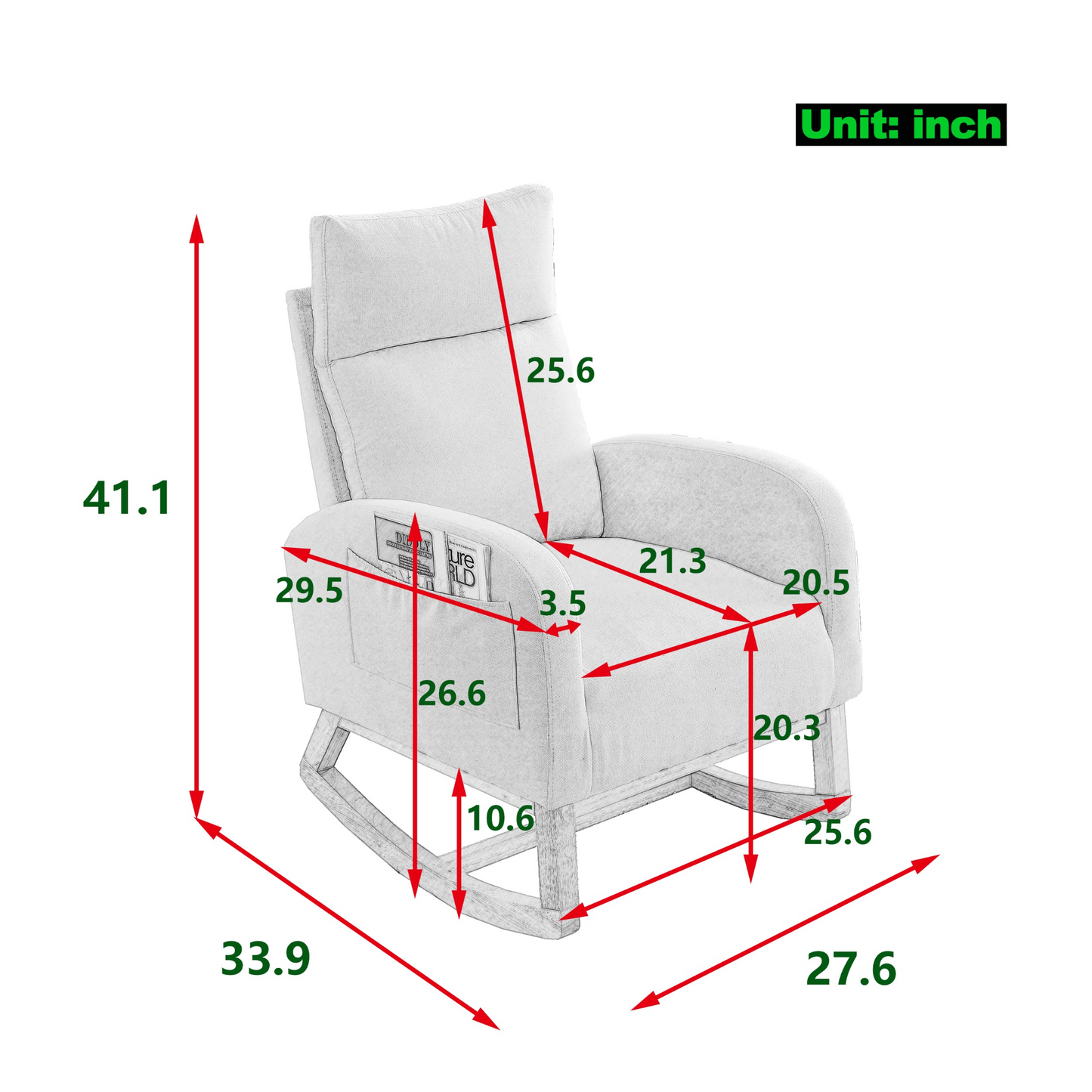 27.6"W Modern Accent High Backrest Living Room Lounge Arm Rocking Chair, Two Side Pocket ,Teddy White (Ivory)