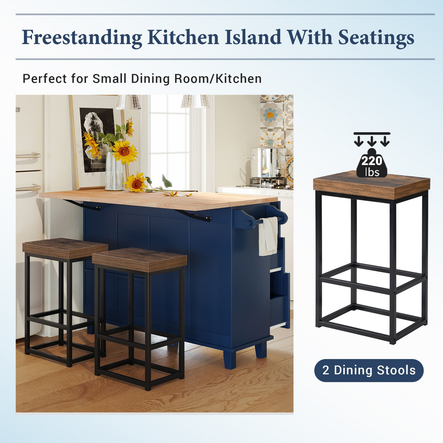 Farmhouse Kitchen Island Set with Drop Leaf and 2 Seatings,Dining Table Set with Storage Cabinet, Drawers and Towel Rack, Blue+Black+Brown