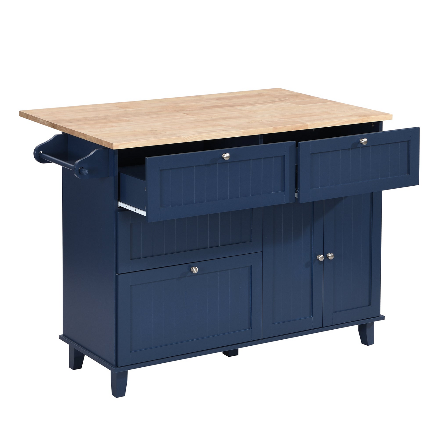 Farmhouse Kitchen Island Set with Drop Leaf and 2 Seatings,Dining Table Set with Storage Cabinet, Drawers and Towel Rack, Blue+Black+Brown