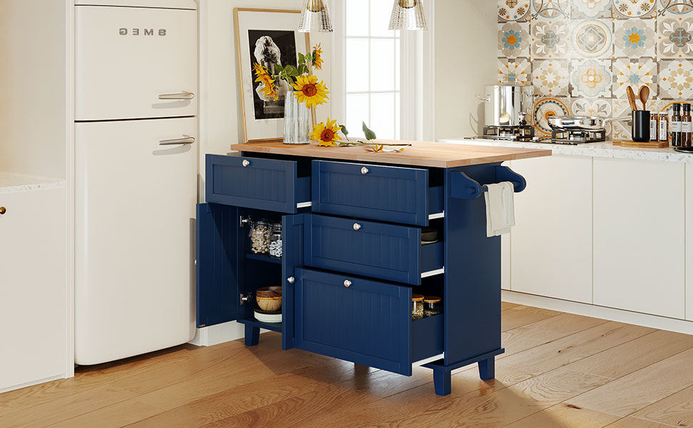 Farmhouse Kitchen Island Set with Drop Leaf and 2 Seatings,Dining Table Set with Storage Cabinet, Drawers and Towel Rack, Blue+Black+Brown