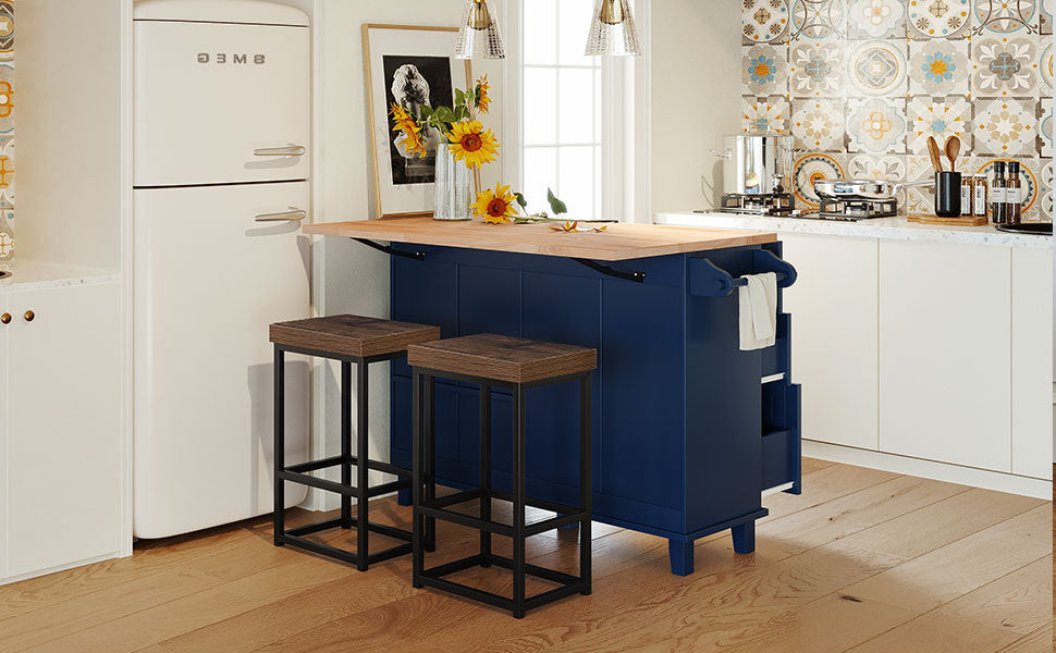 Farmhouse Kitchen Island Set with Drop Leaf and 2 Seatings,Dining Table Set with Storage Cabinet, Drawers and Towel Rack, Blue+Black+Brown