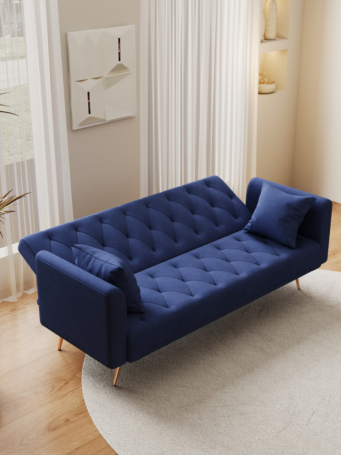 71-inch convertible love seat sofa, American retro blue velvet material, suitable for small living room, bedroom, office