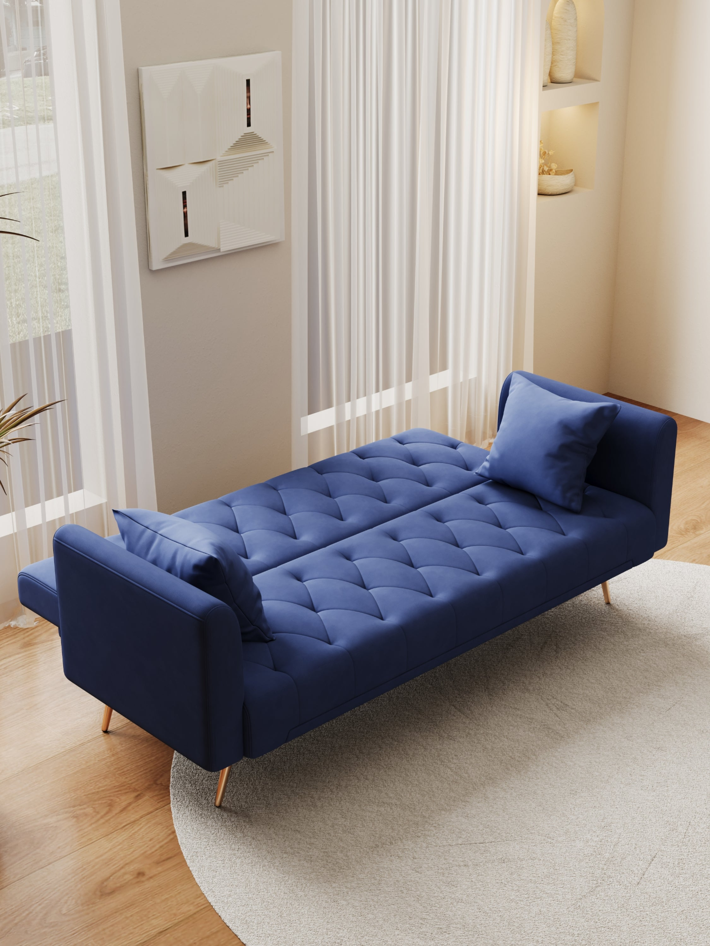 71-inch convertible love seat sofa, American retro blue velvet material, suitable for small living room, bedroom, office