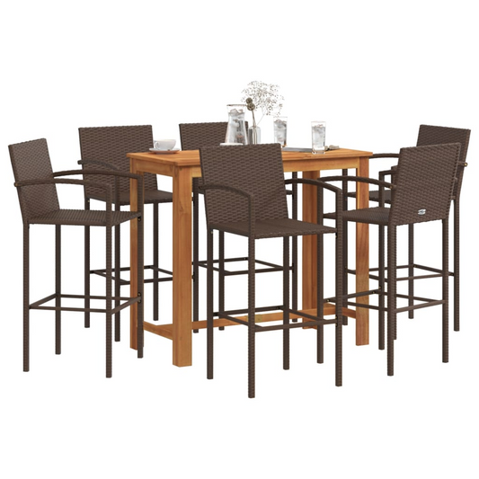 7 Piece Patio Bar Set Brown Solid Wood Acacia and Poly Rattan