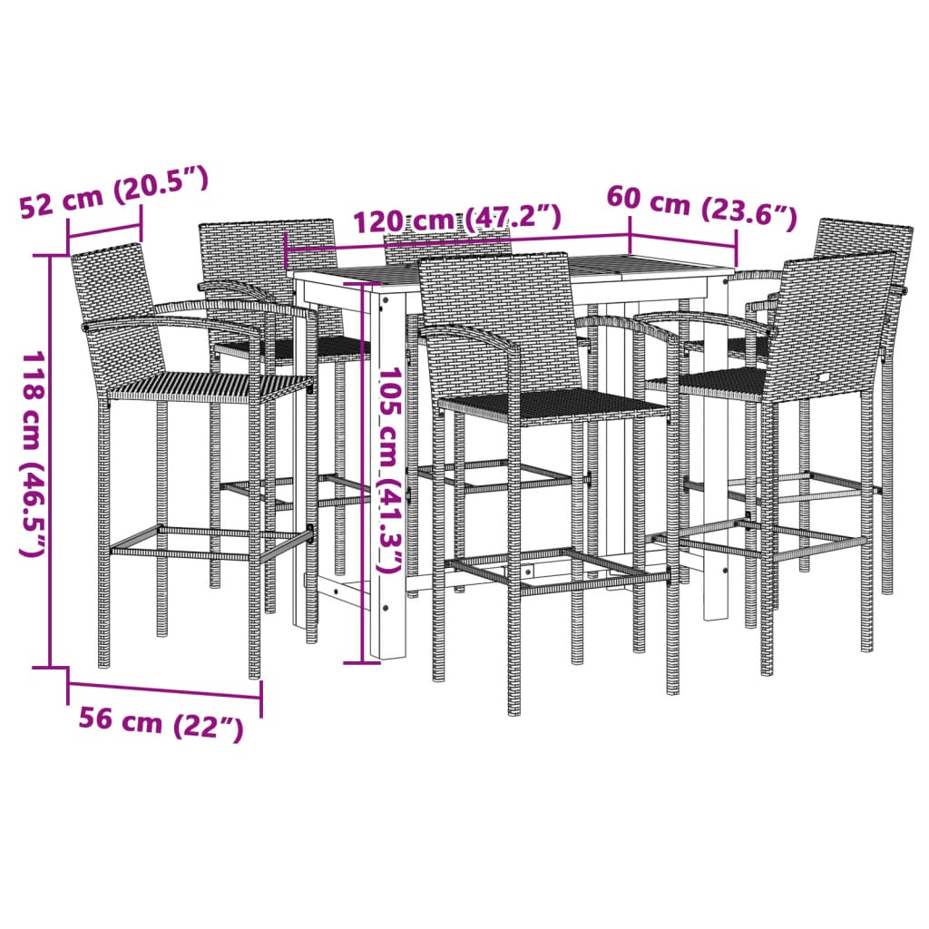 7 Piece Patio Bar Set Brown Solid Wood Acacia and Poly Rattan