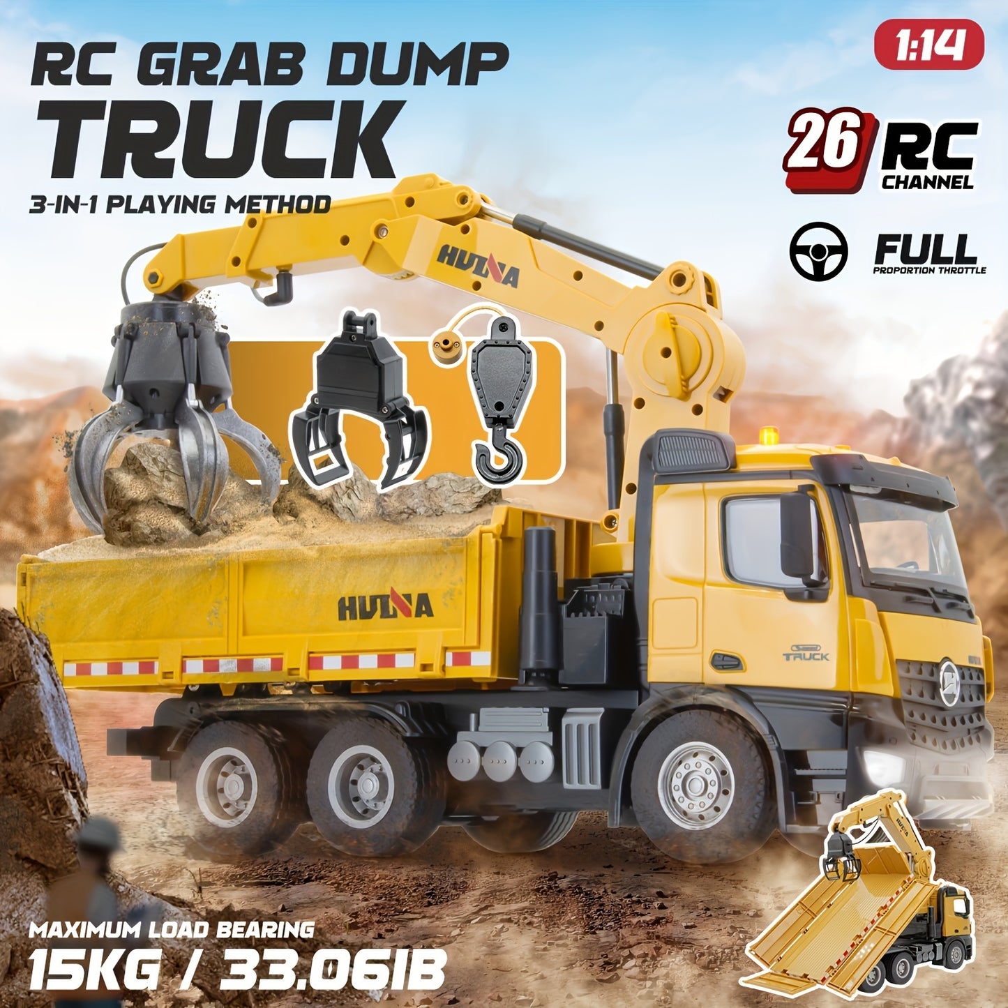 26-Channel 1:14 Scale Remote Control Dump Truck with 360° Mechanical Arm, Lights, and Grabbing Wood Function