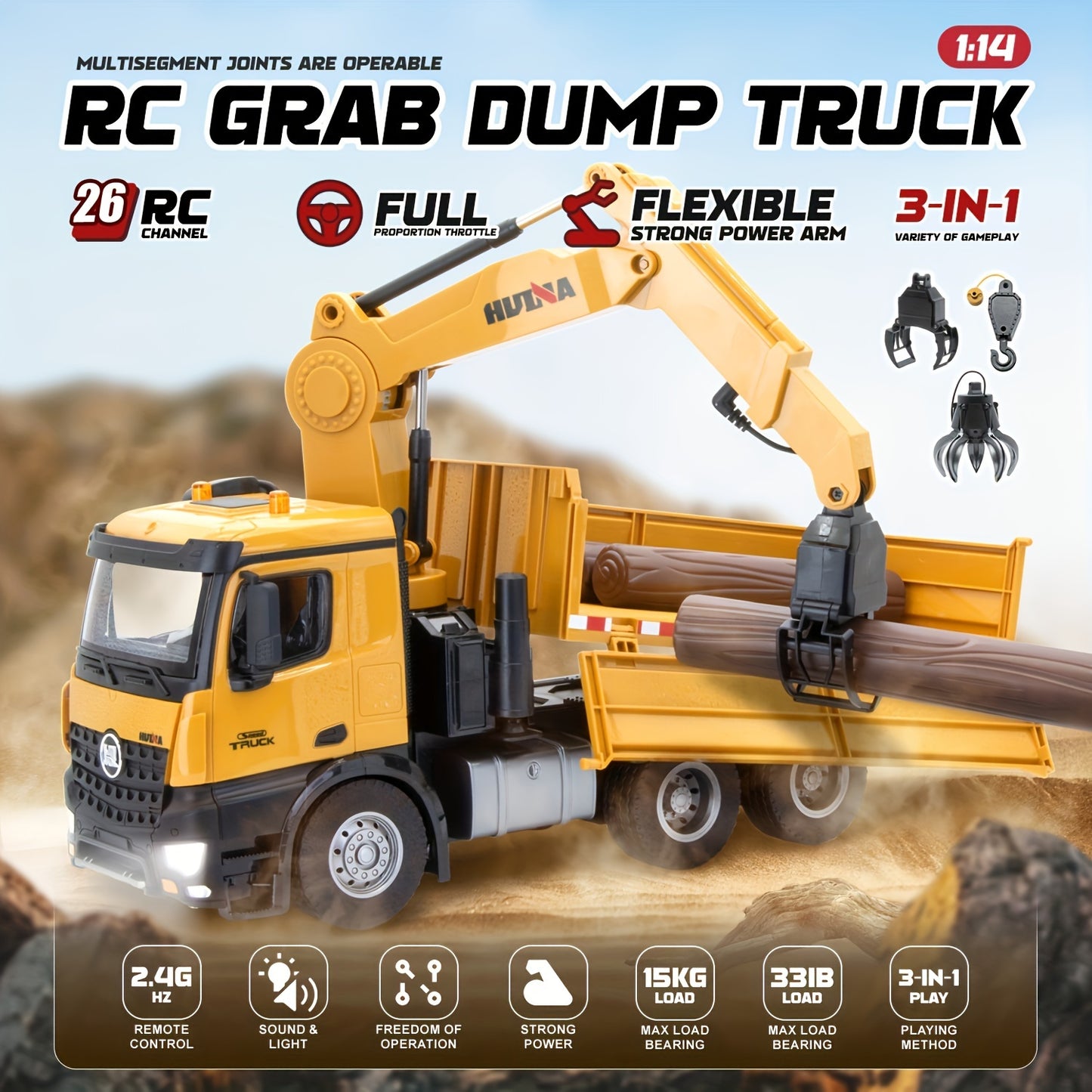 26-Channel 1:14 Scale Remote Control Dump Truck with 360° Mechanical Arm, Lights, and Grabbing Wood Function